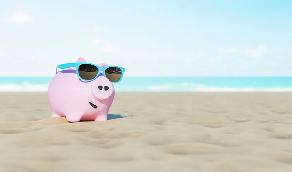 Pink Piggy Bank Blue Sunglasses Beach Sand Sea Out Focus — Foto Stock