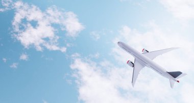 Bulutların üstünde mesaj için yeri olan bir yolcu uçağının üst görüntüsü. Tatil ve seyahat konsepti. 3d hazırlayıcı