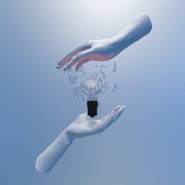 Kırık ampulü kristallerle kaplayan ellerin soyut görüntüsü. 3d hazırlayıcı