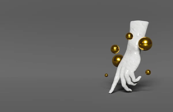 白い大理石の手が暗い背景を歩き回り金色の球体とテキストのための空間を持ちます 3Dレンダリング — ストック写真