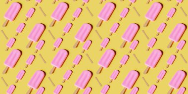 Etrafı ahşap sopalarla kaplı pembe dondurma deseni. Yaz arkaplanı. 3d hazırlayıcı