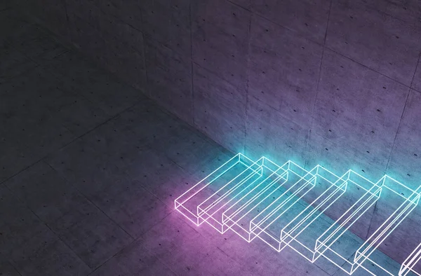 Widok Górny Abstrakcyjnych Schodów Holograficznych Oświetleniem Neonowym Betonowej Ścianie Renderowanie — Zdjęcie stockowe