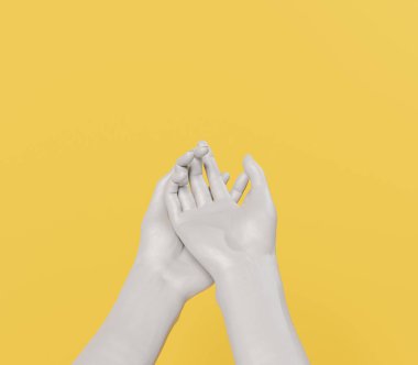 gray hands on yellow background in the shape of a bowl. 3d render