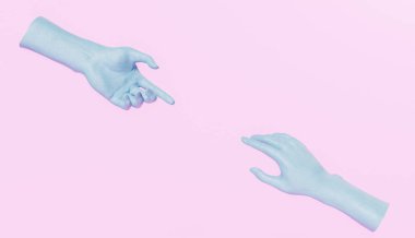 blue plaster hands trying to touch each other with empty center for product display. 3d render