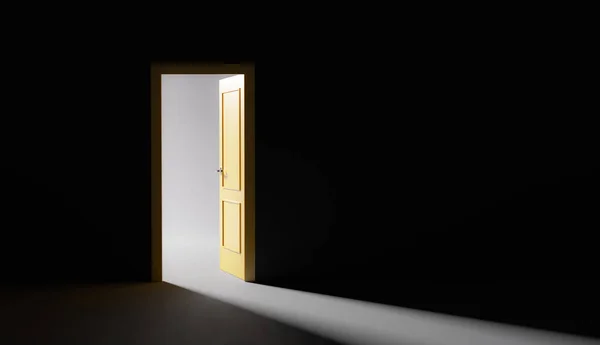 Dark Room Open Yellow Door Back Light Coming Out Render — Zdjęcie stockowe