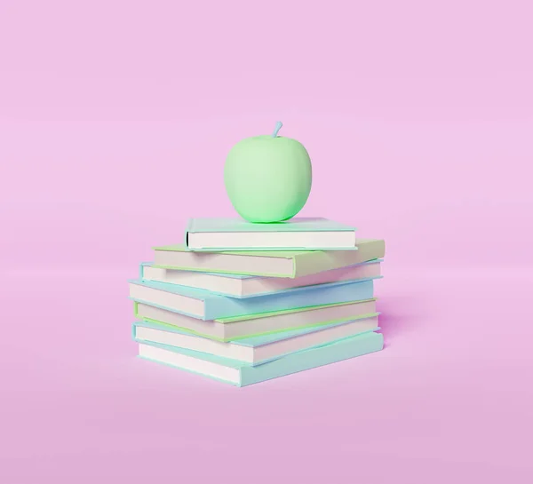 Pastel Colored Stack Books Apple Top Minimalistic Pastel Colored Scene — Stockfoto