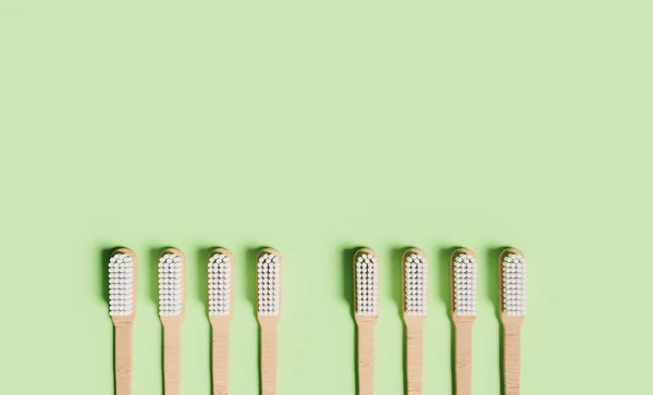 Organic Wooden Toothbrushes Green Background Space Text Render — Stock Photo, Image