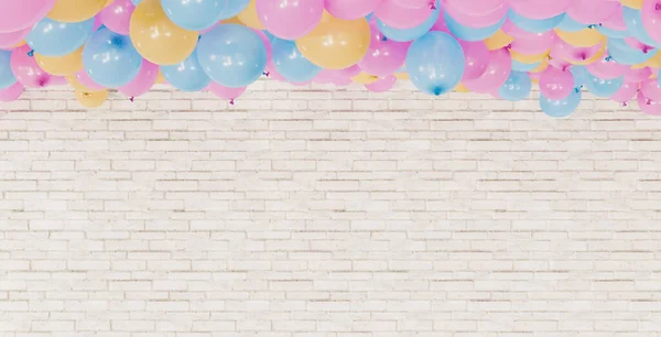 Mur Briques Blanches Avec Nombreux Ballons Colorés Empilés Sur Dessus — Photo
