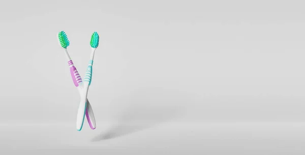 Escovas Dentes Flutuando Sobre Fundo Branco Com Espaço Para Texto — Fotografia de Stock