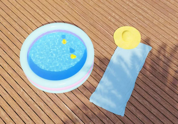 small inflatable pool in a backyard with wooden floor and towel on the ground. 3d render
