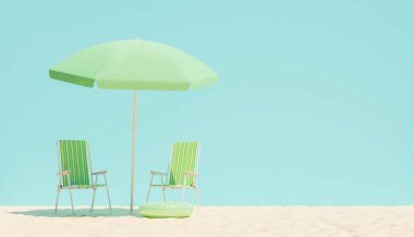 Kumda şemsiyeli plaj sandalyeleri ve mavi arka plan duvarı. kopyalama alanı. 3d hazırlayıcı