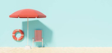 Sandalyesi, şemsiyesi ve mavi arka plan duvarlı kumsalda yüzen plaj cankurtaranı. kopyalama alanı. 3d hazırlayıcı
