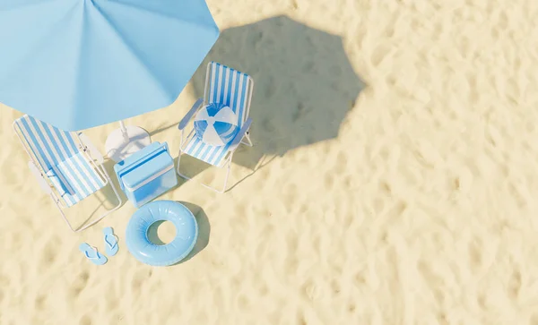 Top View Chairs Umbrella Beach Accessories Sand Summer Vacation Concept — Φωτογραφία Αρχείου