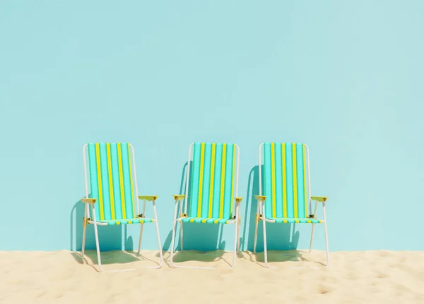 Empty Beach Chairs Sand Blue Wall Background Summer Background Render — Φωτογραφία Αρχείου