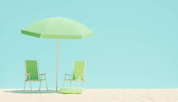 Beach Chairs Umbrella Sand Blue Background Wall Copy Space Render — Φωτογραφία Αρχείου