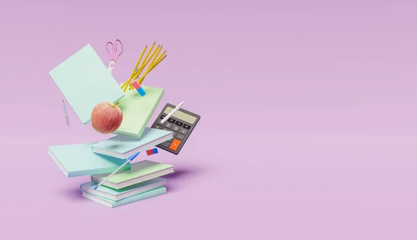 Pastel renkli okul kitapları ve metin için yeri olan aksesuarlarla dolu bir sahne. Okula dönüyorum. 3d hazırlayıcı