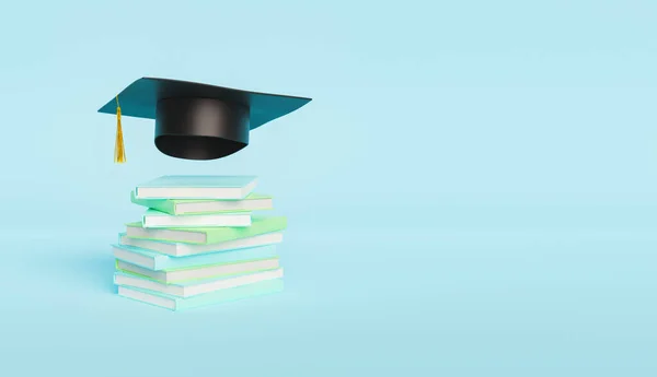 卒業帽子をかぶった本がパステルカラーとテキストのためのスペースで上に浮かんでいます 教育の概念です 3Dレンダリング — ストック写真