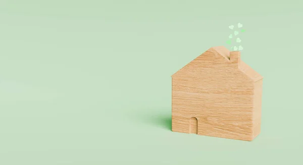 Casa Madera Con Corazones Verdes Que Salen Chimenea Sobre Fondo — Foto de Stock