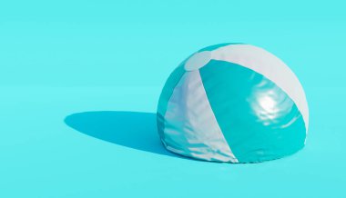 Mavi arka planda sönmüş plaj topu. Minimalist sahne. Yaz sonu konsepti. 3d hazırlayıcı