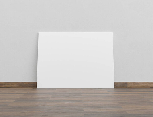 Blank canvas mockup leaned against the wall and wooden floor. 3d render