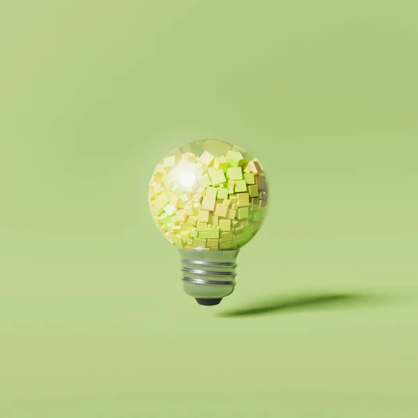 Lampadina Minimale Riempita Con Cubi Color Pastello Sospesi Sfondo Verde — Foto Stock