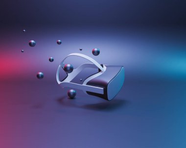 Yüzen küreleri olan sanal gerçeklik gözlükleri ve neon ışıklı karanlık bir arka plan. Soyut sahne. Futuristik oyun konsepti. 3d hazırlayıcı
