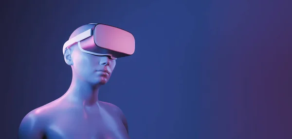 female character with virtual reality goggles with blue and red neon lighting and text space. futuristic concept. gaming . 3d render