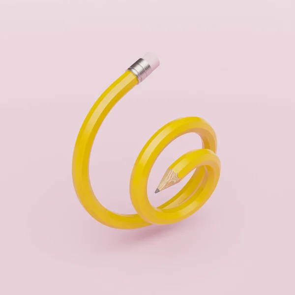 Yaratıcılık ve eğitim kavramında sarmal şekilli sarı kalem. Minimalist soyut sahne. 3d hazırlayıcı
