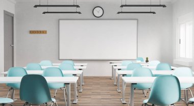 classroom with whiteboard and empty desks. education concept, back to school. 3d render clipart