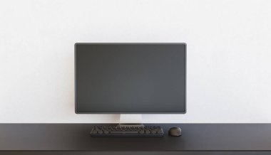 Boş masa üzerinde klavye ve fare ile minimal pc monitörü. 3d hazırlayıcı
