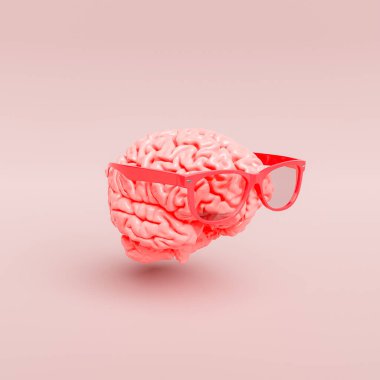 Pastel kırmızısı gözlüklü bir beynin minimalist sahnesi. Öğrenme, fikirler, ilham ve yaratıcılık kavramı. 3d hazırlayıcı