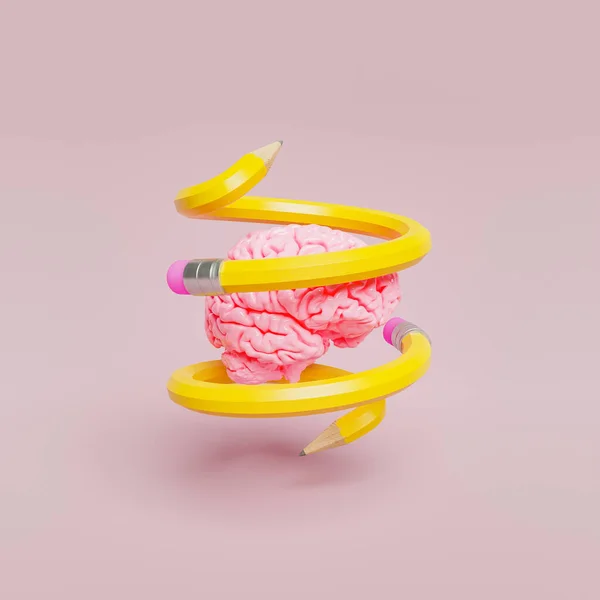 Cerveau Entouré Crayons Spiraux Sur Fond Pastel Concept Idées Éducation — Photo