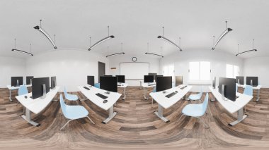 Bilgisayarlı modern bir sınıfın dikdörtgen yansıması. hdri. Yandan ve üstten aydınlatma. 3d hazırlayıcı