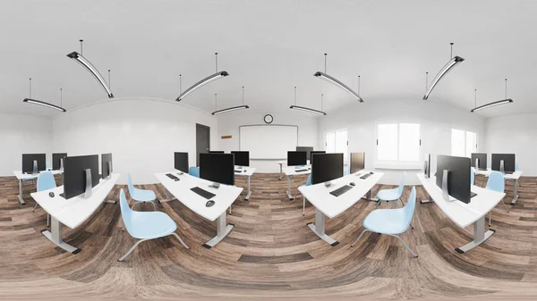 Bilgisayarlı modern bir sınıfın dikdörtgen yansıması. hdri. Yandan ve üstten aydınlatma. 3d hazırlayıcı
