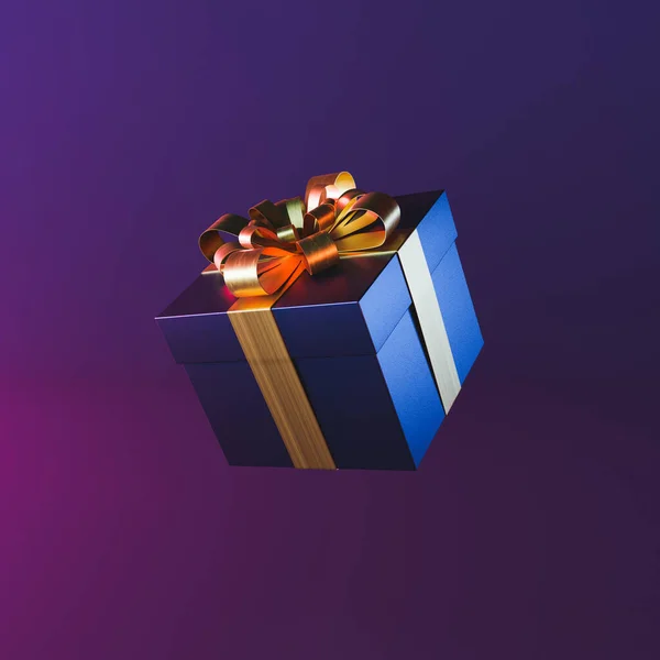 Neon ışıklı ve altın kurdeleli karanlık hediye kutusu. Minimum ve fütüristik konsept. 3d hazırlayıcı