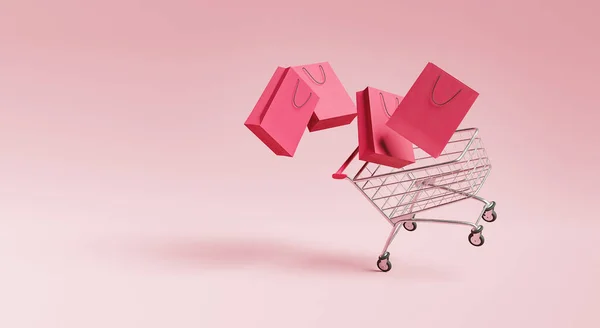 Carrito Compras Con Bolsas Flotando Aire Espacio Para Texto Concepto — Foto de Stock