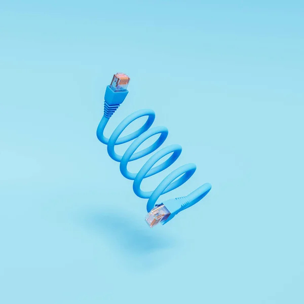 Mavi Pastel Renkte Havada Asılı Duran Bir Ethernet Kablosu Minimalist — Stok fotoğraf