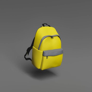 Havada asılı duran okul çantasının minimalist sahnesini kapatın. 2021 yılının rengi okula geri döndü. 3d hazırlayıcı