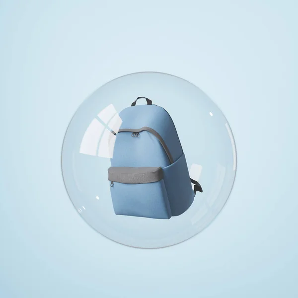 School Backpack Covered Glass Sphere Window Reflections Concept Isolation Coronavirus — Stock Photo, Image