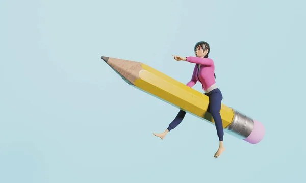 Egy Lány Egy Hatalmas Ceruza Tetején Aki Előre Mutat Oktatás — Stock Fotó