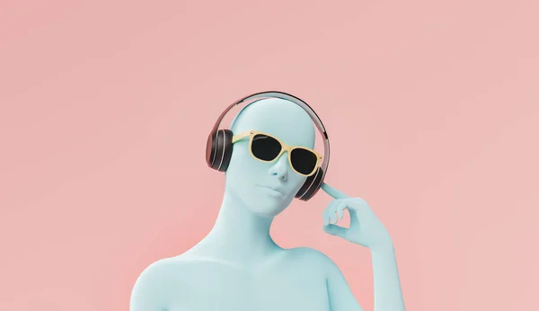 Biust Kobiety Słuchawkami Okularami Przeciwsłonecznymi Czerwonym Pastelowym Tle Koncepcja Muzyki — Zdjęcie stockowe