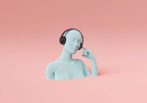 Kobiece Popiersie Cieszące Się Muzyką Zamkniętymi Oczami Słuchawkami Minimalny Pastelowy — Zdjęcie stockowe