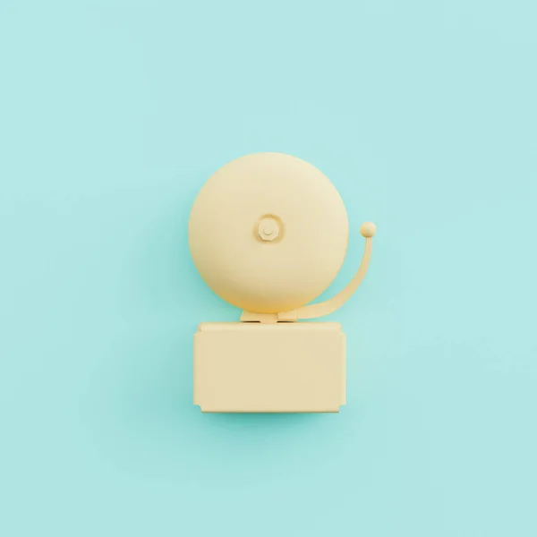 Minimalist bej rengi okul çanı. Pastel mavisi arka planda. Eğitim konsepti, okula dönüş ve çalışma zamanı. 3d hazırlayıcı