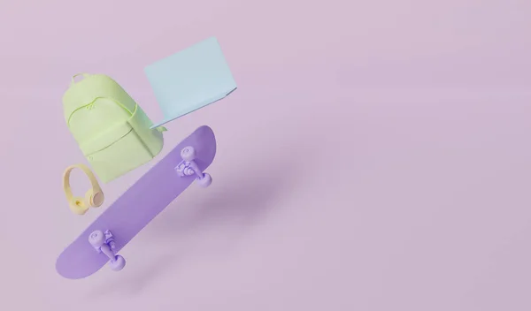 Sırt çantalı ve kulaklıklı kaykay havada asılı ve okul konseptine geri dönen pastel renkler. 3d hazırlayıcı
