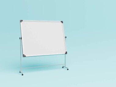 Yumuşak mavi arkaplandaki yazı için yeri olan beyaz tahtanın bir kopyası. 3d hazırlayıcı