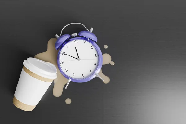 Alarm Clock Spilled Coffee Cardboard Cup Next Concept Getting Early — Stock Photo, Image