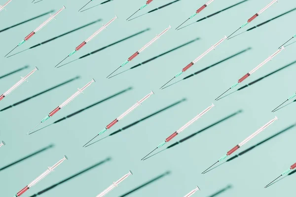 Pattern Syringes Red Liquid Blue Background Concept Vaccination Immunization Rendering — Foto de Stock