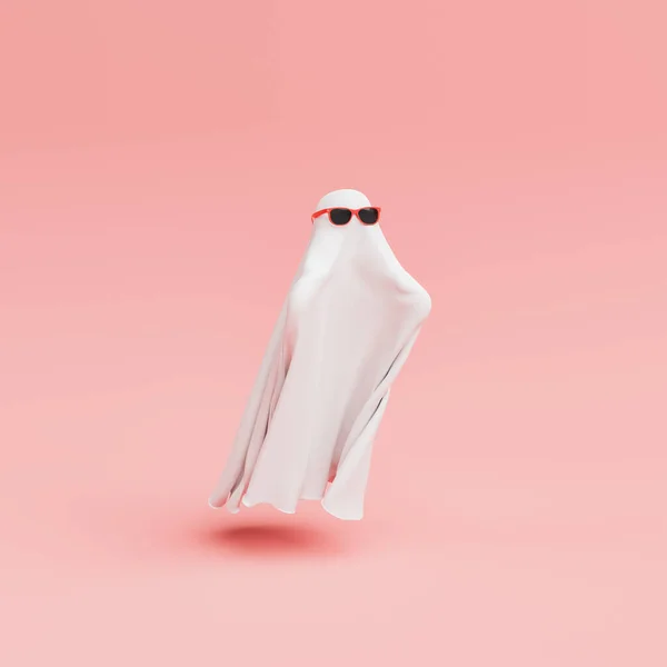 Kırmızı güneş gözlüklü hayalet, beyaz battaniye ve kollarını uzatmış minimalist pastel arka plan. Cadılar Bayramı ve cadılar gecesi konsepti. 3d oluşturma