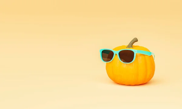 Pumpkin Turquoise Sunglasses Minimalist Beige Background Space Text Autumn Concept — Stock Photo, Image