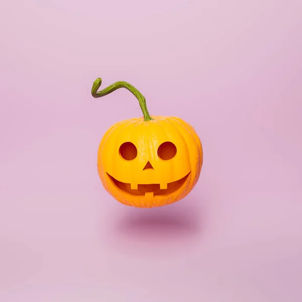Halloween Pumpkin Happy Face Long Stem Floating Minimal Pink Background — Stock Photo, Image